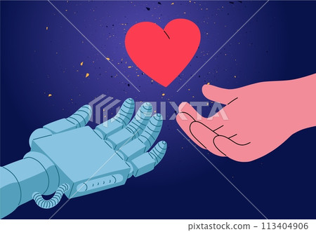 Human hand. Artificial intelligence machine. Arm giving red heart. Alien technology. Robot and people community. Love and art. Support palm. Generosity and assistance. Vector concept Human hand. Artificial intelligence machine. Arm giving red heart. Alien technology. Robot and people community. Love and art. Support palm. Generosity and assistance. Vector concept 113404906