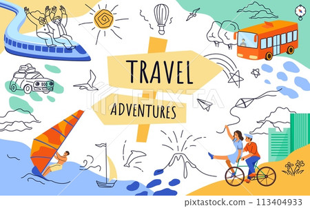 People in trip. Travel adventure. Summer tourism. Tourists train. Family in car or bus. Vacation traffic in nature. Woman and man ride on bikes. Sea windsurfing. Vector banner line design People in trip. Travel adventure. Summer tourism. Tourists train. Family in car or bus. Vacation traffic in nature. Woman and man ride on bikes. Sea windsurfing. Vector banner line design 113404933