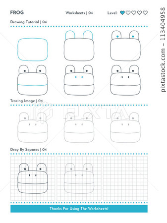 How to Draw Doodle Frog, Cartoon Character Step by Step Drawing Tutorial. Activity Worksheets For Kids 113404958