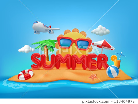 Summer background. 3D sand beach. Sea island. Sun and fun holiday elements. Vacation travel. Blue sky and ocean water waves. Cartoon sun. Tropical cocktail. Vector illustration poster 113404972