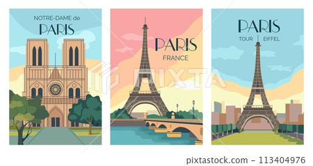 Paris posters. Vintage France travel postcards for French tour or beautiful trip landmark. Urban landscape. Eiffel tower. Notre-dame cathedral. Famous building. Vector vacation cards set Paris posters. Vintage France travel postcards for French tour or beautiful trip landmark. Urban landscape. Eiffel tower. Notre-dame cathedral. Famous building. Vector vacation cards set 113404976