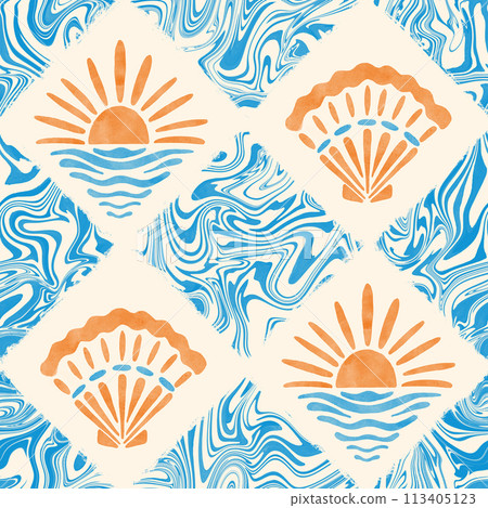 Nautical groovy seamless pattern. Watercolor seashells and sunset sun tiles on marble textured background. Summer joyful design for swimwear, home decor, textile. Blue wavy swirls repeat Nautical groovy seamless pattern. Watercolor seashells and sunset sun tiles on marble textured background. Summer joyful design for swimwear, home decor, textile. Blue wavy swirls repeat 113405123