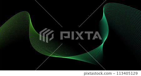Dark abstract background with wavy lines. Modern green gradient flowing wave lines. Futuristic technology concept. Vector illustration 113405129