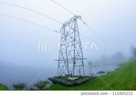 Electrical Power Lines Dam Water Mist Landscape 113405252