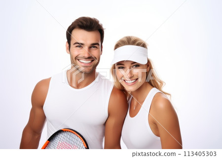Happy tennis couple, smiling athletes portrait, sports healthcare concept, joyful players image, active lifestyle photo, sports couple, tennis love, generative AI, JPG 113405303