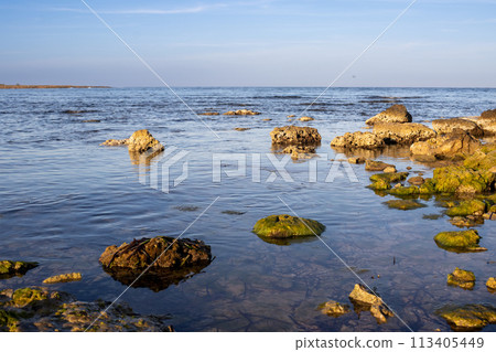 Calm sea at Spiaggia Sibilliana, West Sicily, Italy 113405449