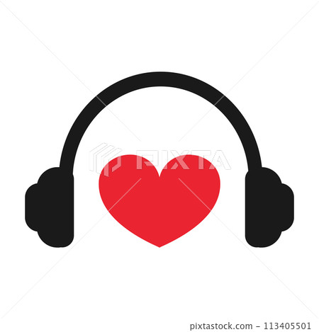 Headphones and heart. Headphones silhouette. Red heart icon. Love music. Flat design. Vector illustration 113405501