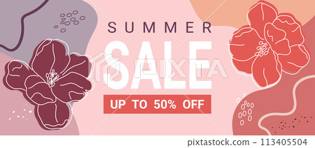 Summer sale banner. Sale template with abstract shapes and flowers. Sale and discounts concept. Vector illustration 113405504
