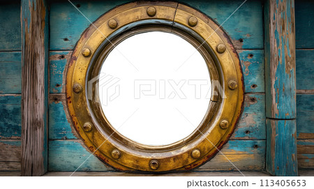 Vintage Aged Brass Ship Porthole Mounted on a Wooden Hull with a White Background. Generative AI. 113405653
