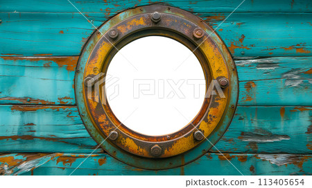 Vintage Aged Brass Ship Porthole Mounted on a Wooden Hull with a White Background. Generative AI. 113405654