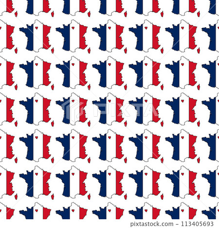 France seamless pattern. Vector background. Cute hand drawn outline country map in French flag doodle style 113405693