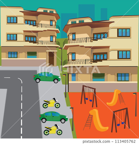 Urban street view with vintage buildings playground and vehicles 113405762