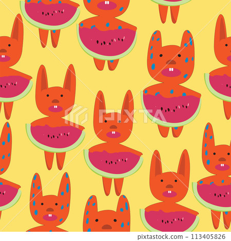 orange rabbits with watermellorn slice seamless orange rabbits with watermellorn slice seamless 113405826
