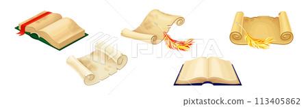 Old Book in Hard Cover with Pages and Scroll Vector Set 113405862
