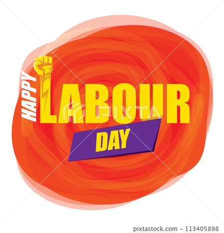 1 may Happy labour day vector label with strong protest fist in the air on vintage red watercolor stricket background. vector happy labor day background or banner with man hand. workers may day poster 113405898