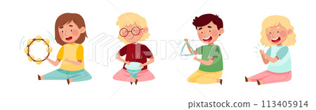 Funny Kid Character Playing Musical Instrument at Music Lesson Vector Set 113405914
