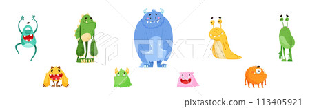 Funny Monster Character as Toothy and Hairy Mutant with Friendly Face Vector Set Funny Monster Character as Toothy and Hairy Mutant with Friendly Face Vector Set 113405921
