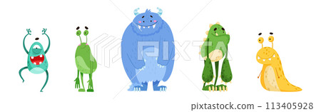 Funny Monster Character as Toothy and Hairy Mutant with Friendly Face Vector Set 113405928