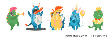 Funny Monster Character as Toothy and Hairy Mutant with Friendly Face Vector Set 113405941