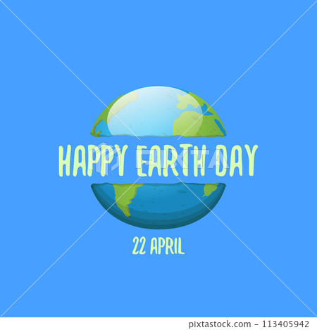 cartoon World earth day greeting card or banner with earth globe isolated on blue sky background. Vector World earth day concept poster illustration with planet Earth isolated on green background 113405942