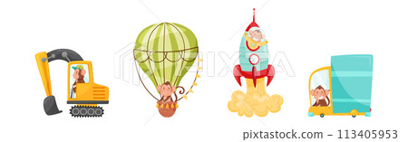 Cute Monkey Driving and Riding Transport Vector Set 113405953