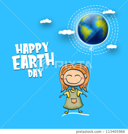 Cartoon earth day illustration or banner with little cute girl character holding in hands baloon with earth globe. Vector World earth day concept poster illustration with planet Earth and funny child Cartoon earth day illustration or banner with little cute girl character holding in hands baloon with earth globe. Vector World earth day concept poster illustration with planet Earth and funny child 113405966