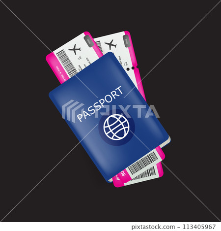 Vector blue international passport with two airplane tickets inside isolated on black background. Top view Blue Passport with boarding pass for plane. Travel icon and label with id documents Vector blue international passport with two airplane tickets inside isolated on black background. Top view Blue Passport with boarding pass for plane. Travel icon and label with id documents 113405967