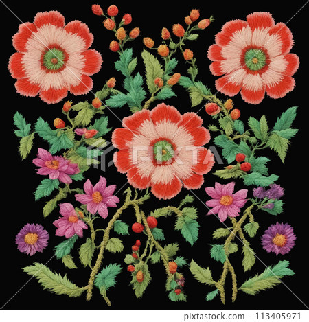 Vector traditional hungarian embroidery. Bright floral ornament on black background Vector traditional hungarian embroidery. Bright floral ornament on black background 113405971