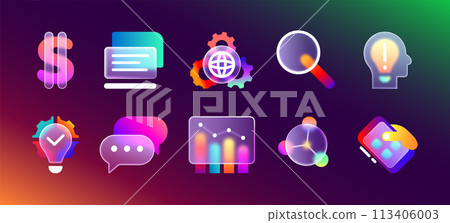 Realistic glass morphism transparent ui icons for mobile app with blurred neon gradient 113406003
