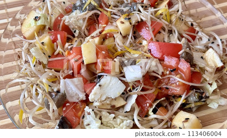 Salad of fresh vegetables and microgreens. Tomatoes, onions, apples, a mound of sprouted mung beans, sesame seeds, flax and cheese cubes on on a transparent plate on the table. Close-up Salad of fresh vegetables and microgreens. Tomatoes, onions, apples, a mound of sprouted mung beans, sesame seeds, flax and cheese cubes on on a transparent plate on the table. Close-up 113406004