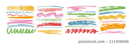 Kids hand drawn colorful pencil charcoal underlines, chalk curly lines, crayon scribbles and strokes Kids hand drawn colorful pencil charcoal underlines, chalk curly lines, crayon scribbles and strokes 113406006