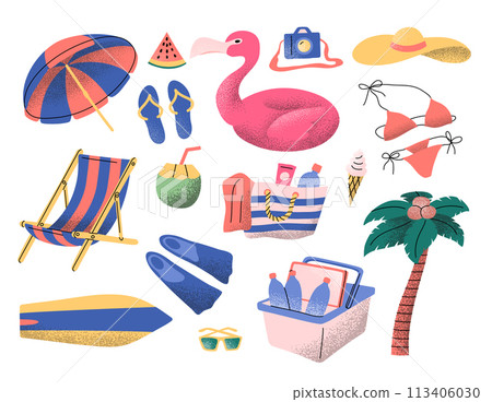 Cartoon Color Summer Beach Different Elements Set Concept Flat Design Style Include of Sunglasses, Cocktail and Watermelon. Vector illustration 113406030