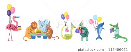 Cartoon Color Characters Funny Animals Birthday Party Concept Flat Design Style for Greeting Card or Invitation. Vector illustration 113406031