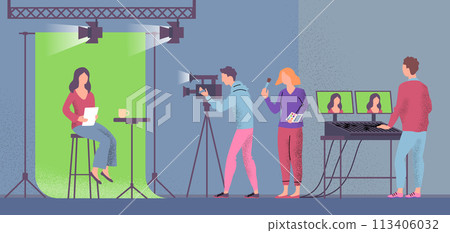 Cartoon Color Characters People and Broadcast Scene Concept Flat Design Style. Vector illustration of Reporter, Cameraman and Assistant in Studio 113406032