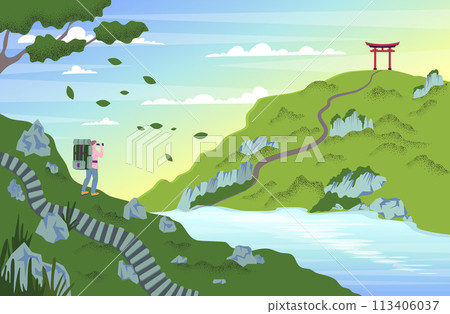 Cartoon Color Character Man and Adventure Hiking Trekking Landscape Scene Concept Flat Design Style. Vector illustration Cartoon Color Character Man and Adventure Hiking Trekking Landscape Scene Concept Flat Design Style. Vector illustration 113406037