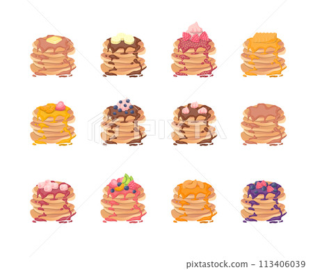 Cartoon Color Various Kinds Pancakes with Toppings, Berries, Honey and Syrup Set Concept Flat Design Style. Vector illustration Cartoon Color Various Kinds Pancakes with Toppings, Berries, Honey and Syrup Set Concept Flat Design Style. Vector illustration 113406039