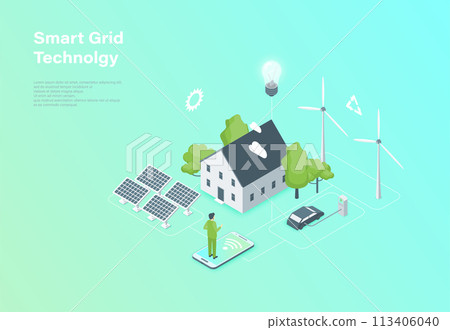 Color Smart Grid Technology with Renewable Energy System for House and Car Concept 3D Isometric View. Vector illustration 113406040