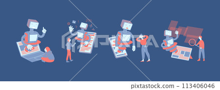 Cartoon Color Characters People Online Communication with Chat Bot Artificial Intelligence Technology Concept Flat Design Style. Vector illustration 113406046
