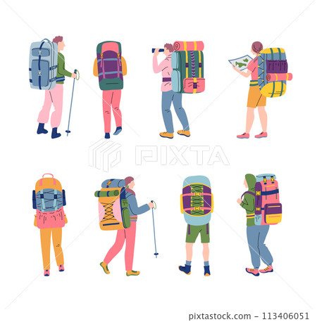 Cartoon Color Characters People Hikers Hiking Trekking or Holiday Travel Concept Flat Design Style. Vector illustration Cartoon Color Characters People Hikers Hiking Trekking or Holiday Travel Concept Flat Design Style. Vector illustration 113406051