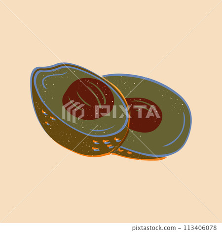 Avocado halves. Risograph imitation with grunge effect. Healthy food concept. Square poster or background. Risoprint composition with scratches 113406078