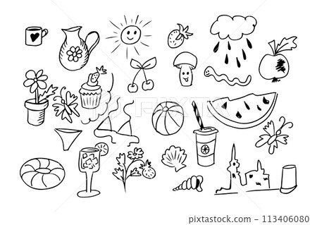 Set of hand drawn doodles with summer items. Black outline isolated elements on white background. Vacation summer concept. Good for coloring pages, stickers, tattoo 113406080