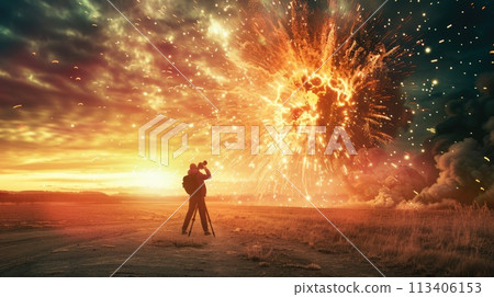 Camera aimed at firework explosion, set in a vast field, by lone photographer Camera aimed at firework explosion, set in a vast field, by lone photographer 113406153
