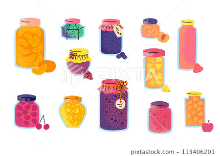 Cartoon Color Different Homemade Jams Set Concept Flat Design Style. Vector illustration of Fruit Jam in Glass Jar Cartoon Color Different Homemade Jams Set Concept Flat Design Style. Vector illustration of Fruit Jam in Glass Jar 113406201