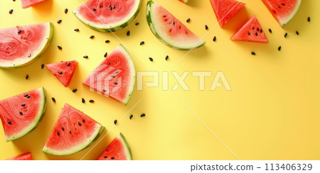 Slices of watermelon on yellow background 113406329