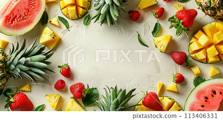 Pineapples, watermelons, strawberry and mango and on light background Pineapples, watermelons, strawberry and mango and on light background 113406331
