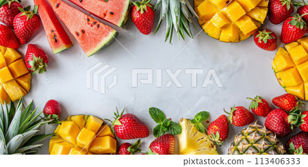 Pineapple, strawberry, mango and watermelon on light background 113406333