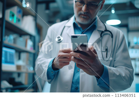 A doctor calls his patient via smartphone 113406351