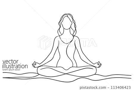 One continuous line art yoga woman. Girl in lotus pose antistress meditation minimalist isolated sketch ink drawing. Vector illustration One continuous line art yoga woman. Girl in lotus pose antistress meditation minimalist isolated sketch ink drawing. Vector illustration 113406423