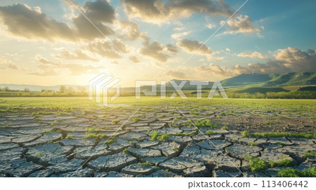 World Day to Combat Desertification and Drought, June 17. Barren foreground transitions to thriving green landscape, restoration success World Day to Combat Desertification and Drought, June 17. Barren foreground transitions to thriving green landscape, restoration success 113406442
