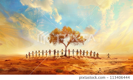 World Day to Combat Desertification and Drought, June 17. Children link arms, encircle fragile tree in expansive arid terrain 113406444